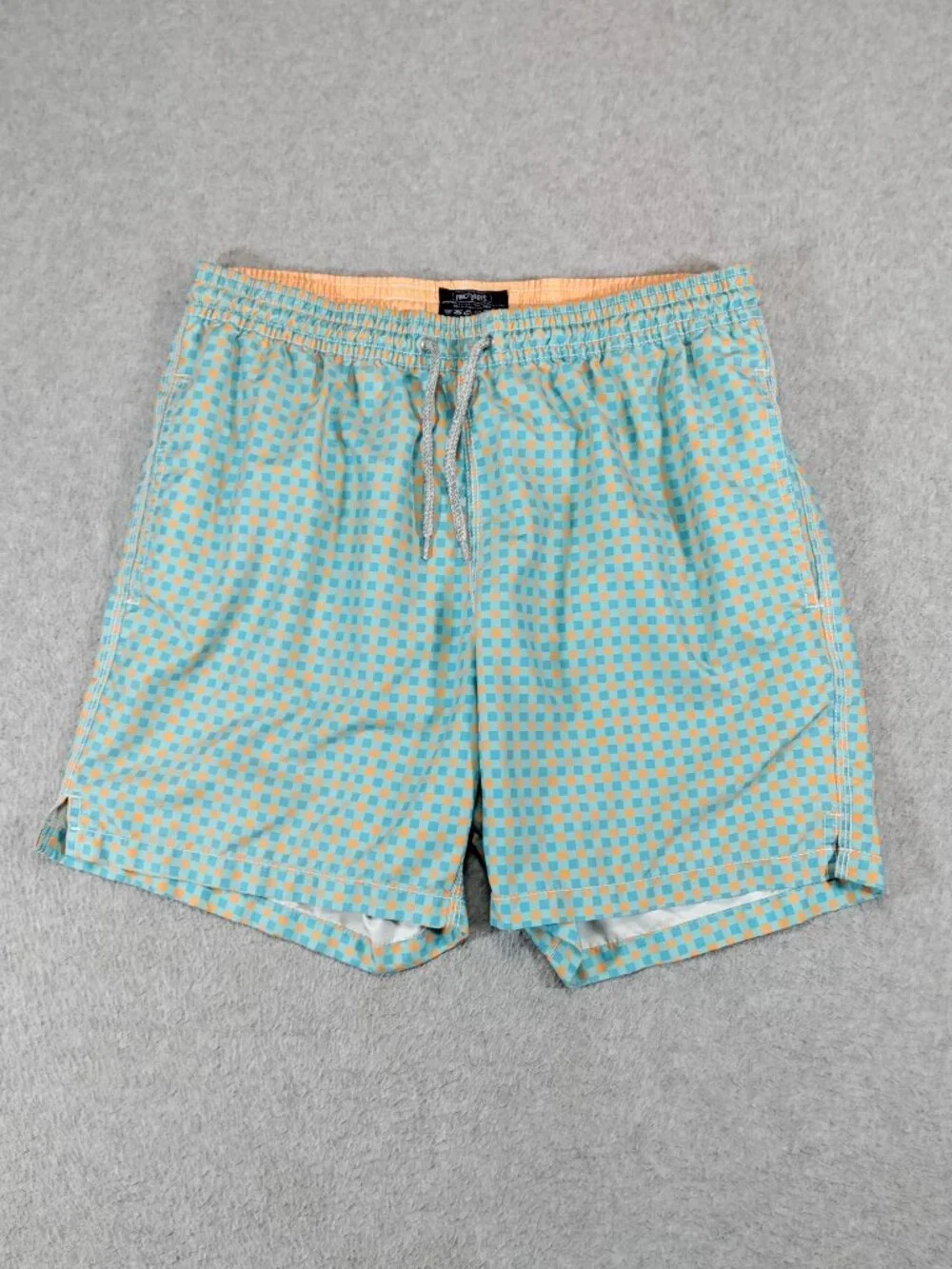 Michaels Mens L 5.5in Inseam Swim Trunks Aqua Orange Check Board Shorts